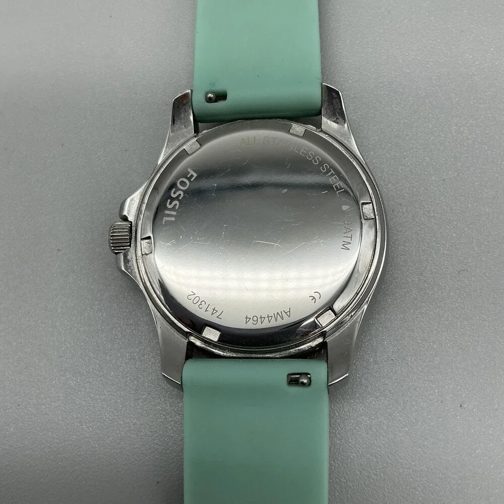 Fossil AM4464 Womens Watch 37mm White Dial Green Silicone Crystals Date New Batt